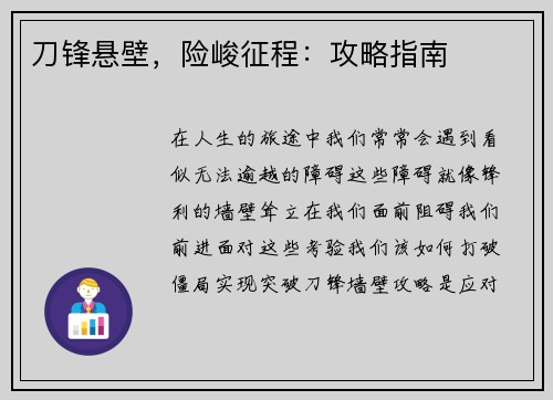 刀锋悬壁，险峻征程：攻略指南